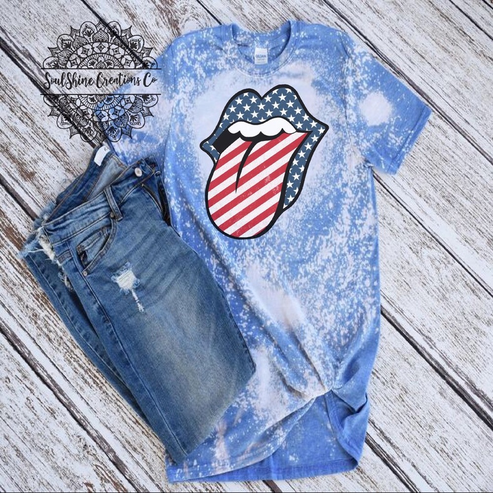 USA Flag 4th Memorial Day Lips Bleached Shirt